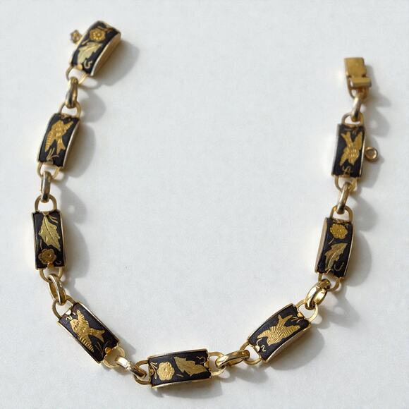 Vintage Damascene Bracelet Gold Black Bird Floral 1970s Spanish Link 7" - Picture 2 of 5